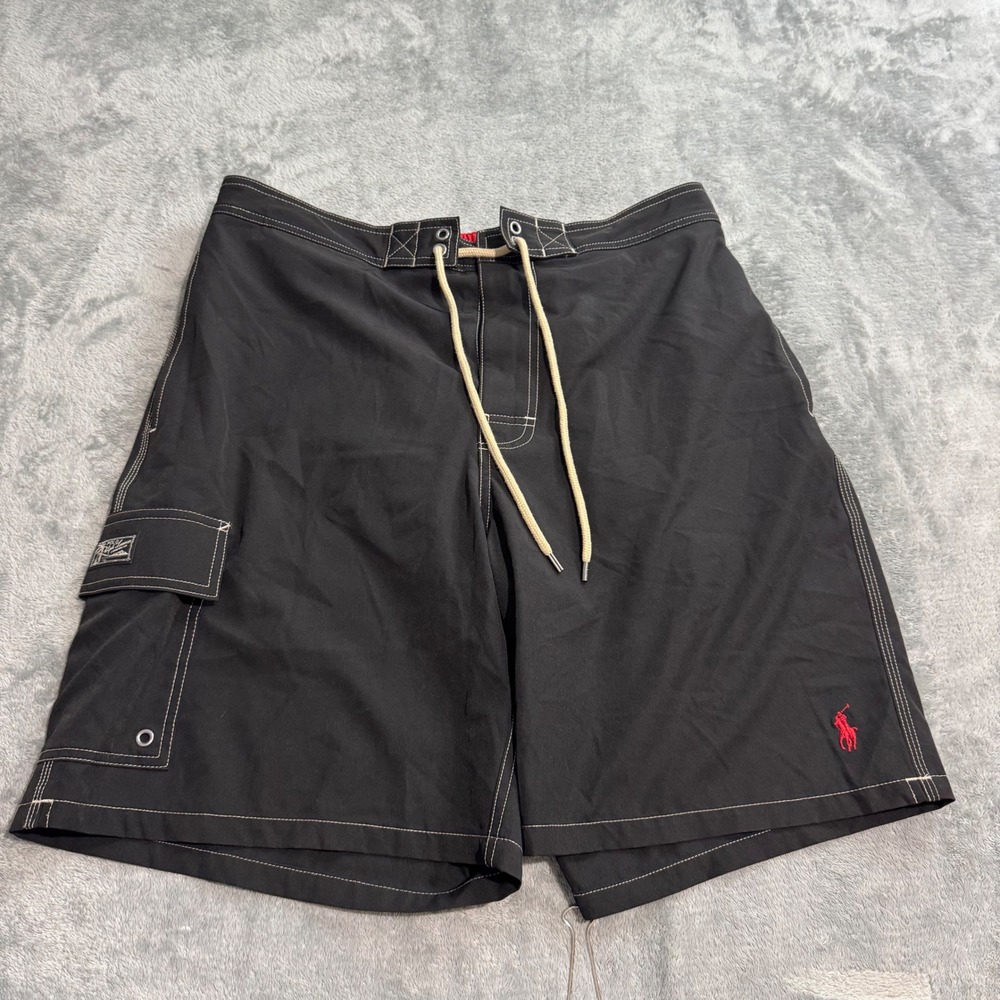 Polo Ralph Lauren Mens Black Board Shorts Swim Trunks Cargo Pocket Red Pony L
